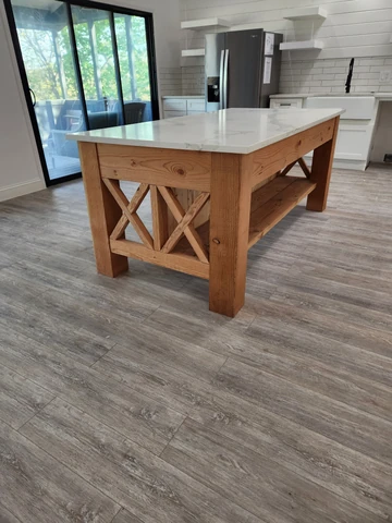 Custom wood and quartz island table built for a Dallas, TX kitchen